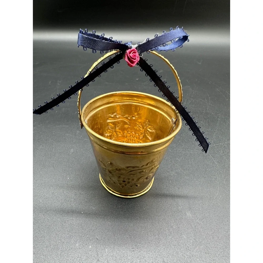 Hosley Brass Mini Bucket Embossed Decorative Pail with Blue Ribbon BS-43080